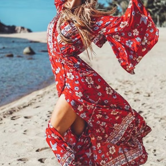 Vintage Floral Print Wrap Dress Kimono Robe Duster Cardigan - Picture 8 of 8